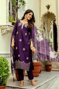 The52 Wine Women's Beautiful Viscose Chanderi Fabric Thread Work Straight Kurta Pant and Dupatta Set