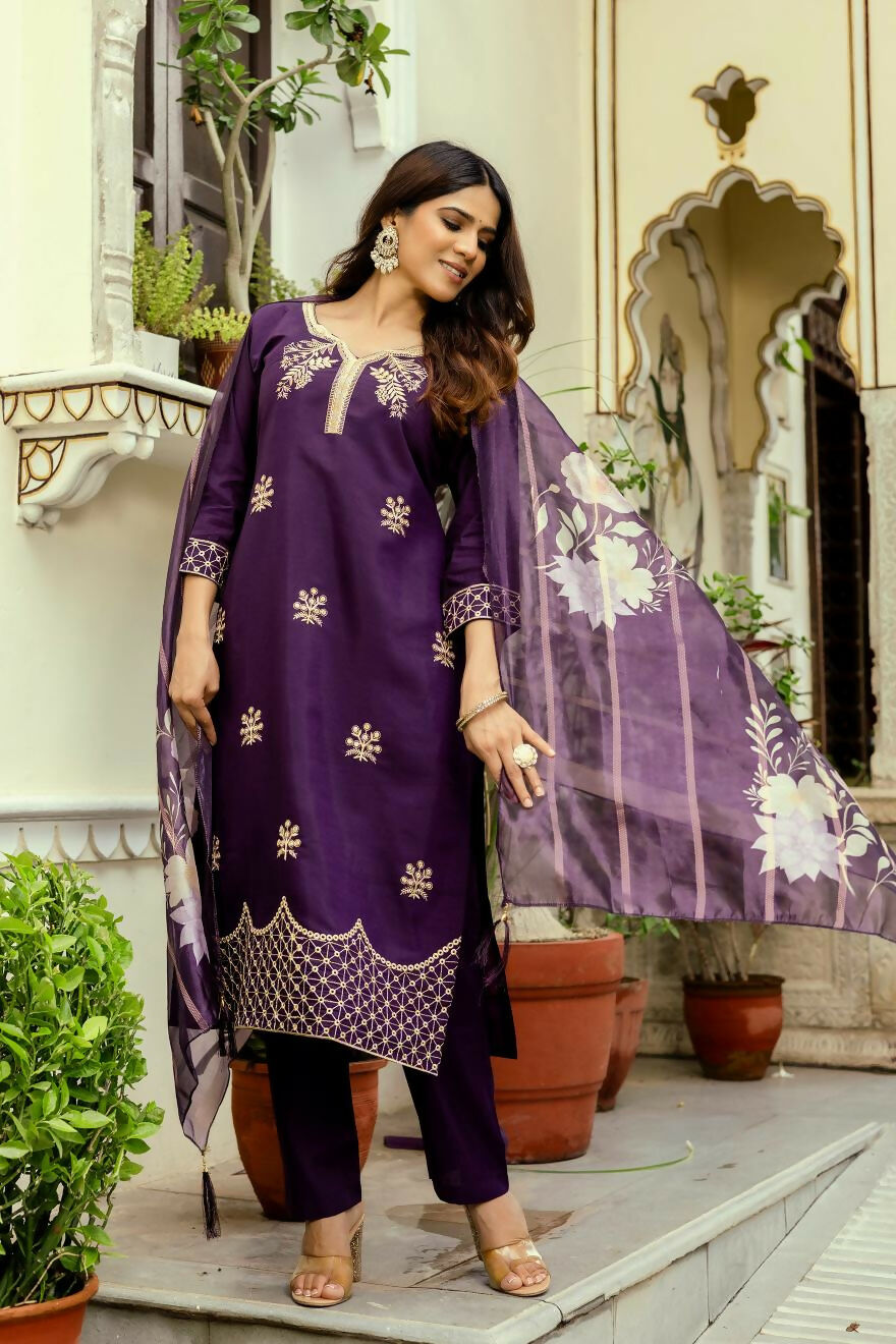 The52 Wine Women's Beautiful Viscose Chanderi Fabric Thread Work Straight Kurta Pant and Dupatta Set