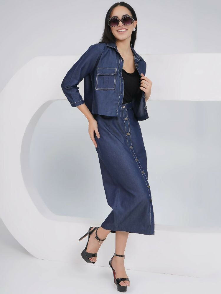 Joban Fashion Black Cotton Denim Pencil Skirt with Inner and Jacket