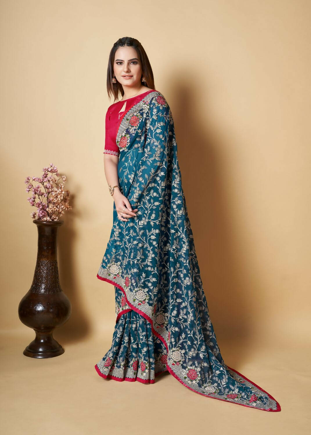 Vamsee Teal Organza Saree