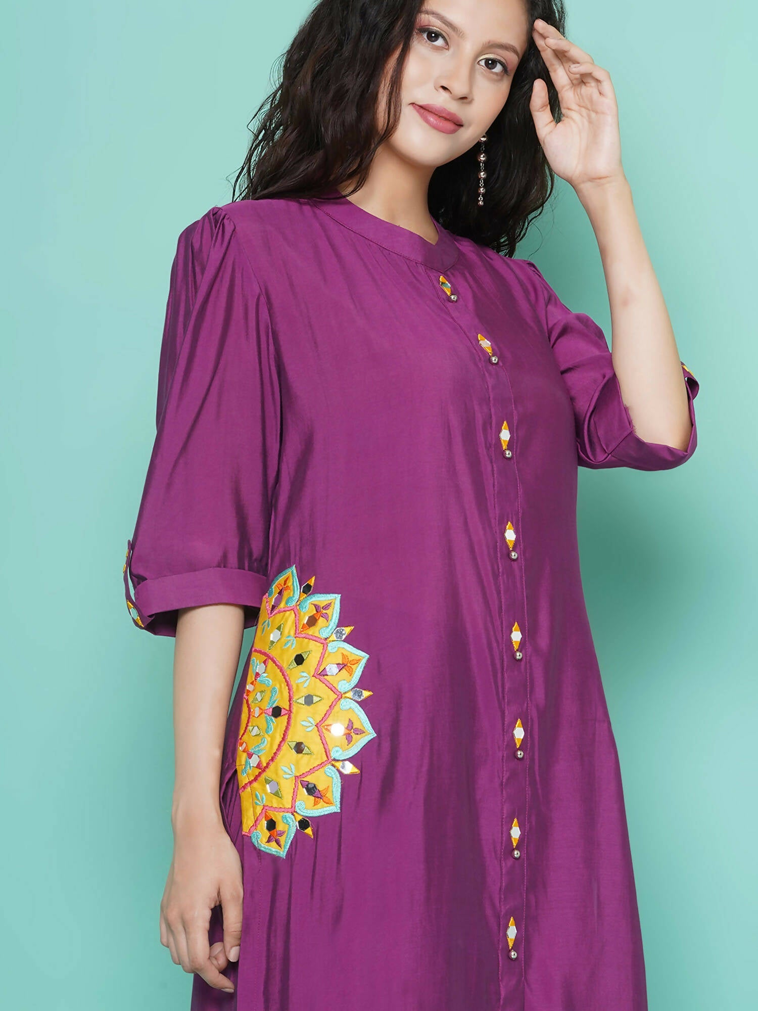 Women Republic Purple Art Silk Embroidered Kurta with Afghani Salwar