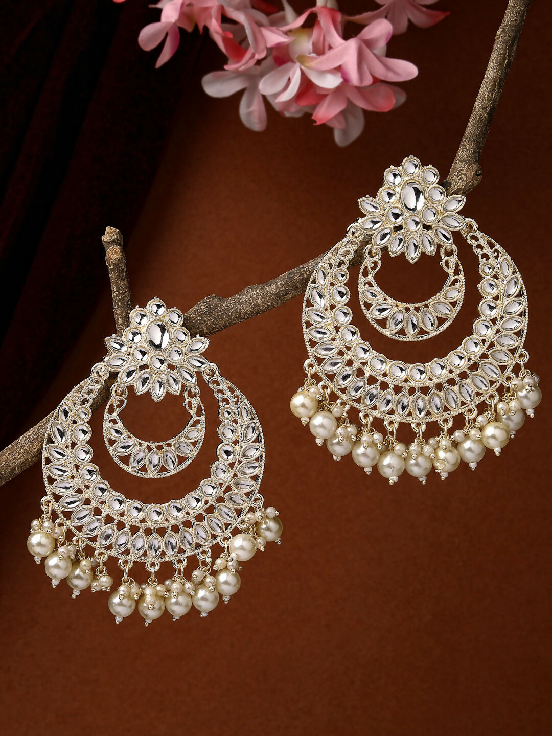 NVR Women Gold-Polished Kundan Handcrafted Chandbalis Earrings