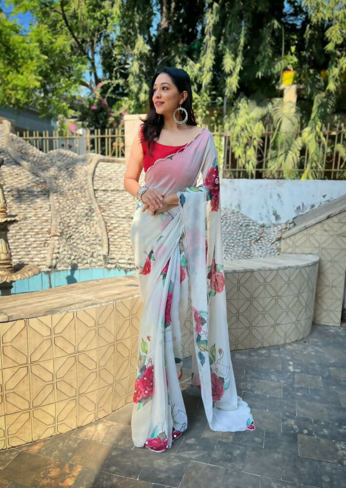 Vamsee Snehal White Georgette Saree