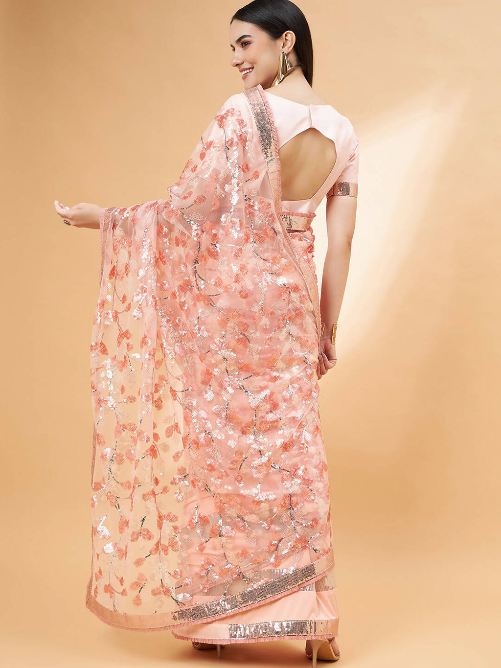 Peach Lycra Sequin Embroidery And Frills Saree - Norita Hit Design