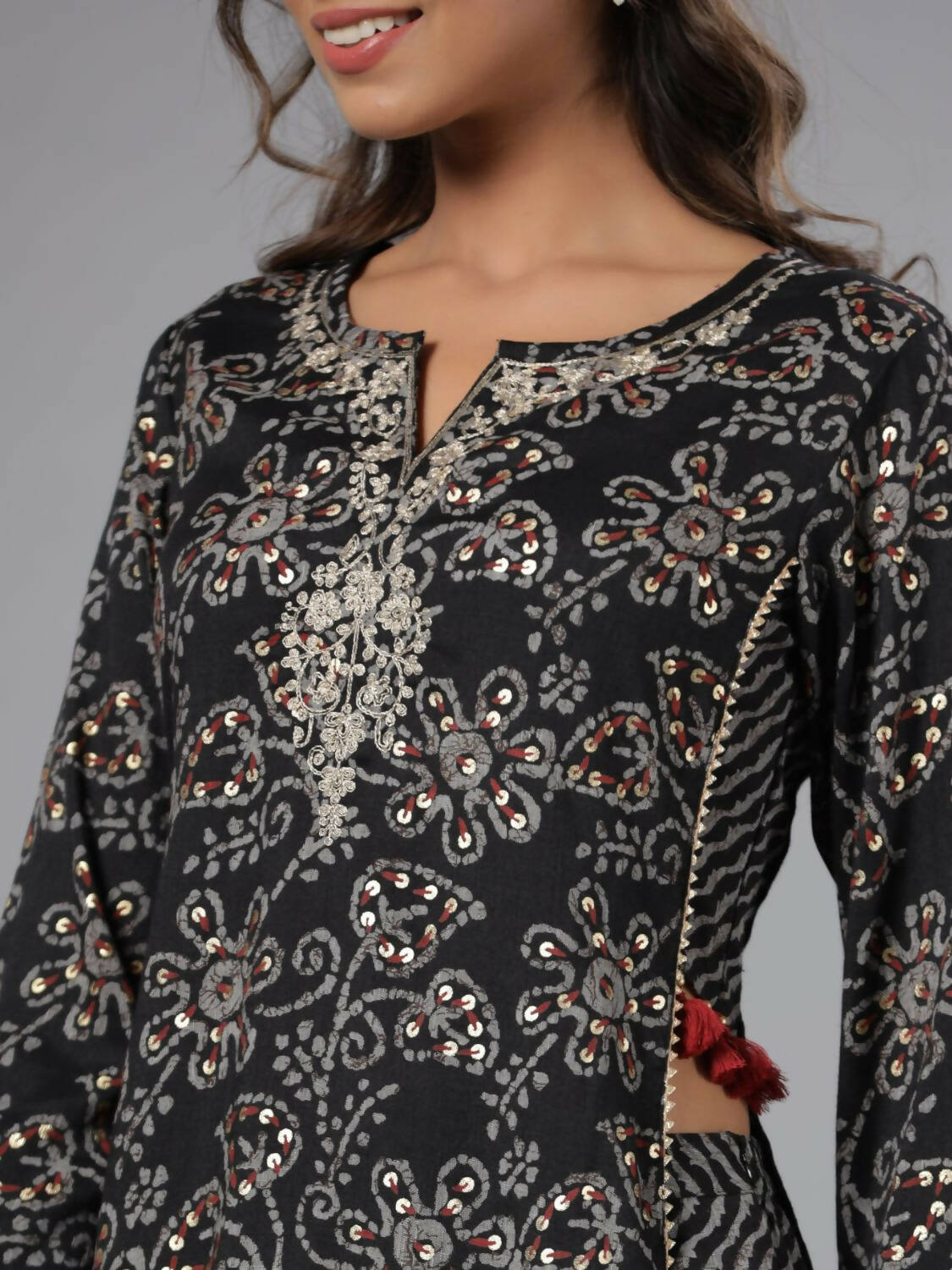 Juniper Women Black Rayon Slub Printed with Embroidered Kurta and Pants Set