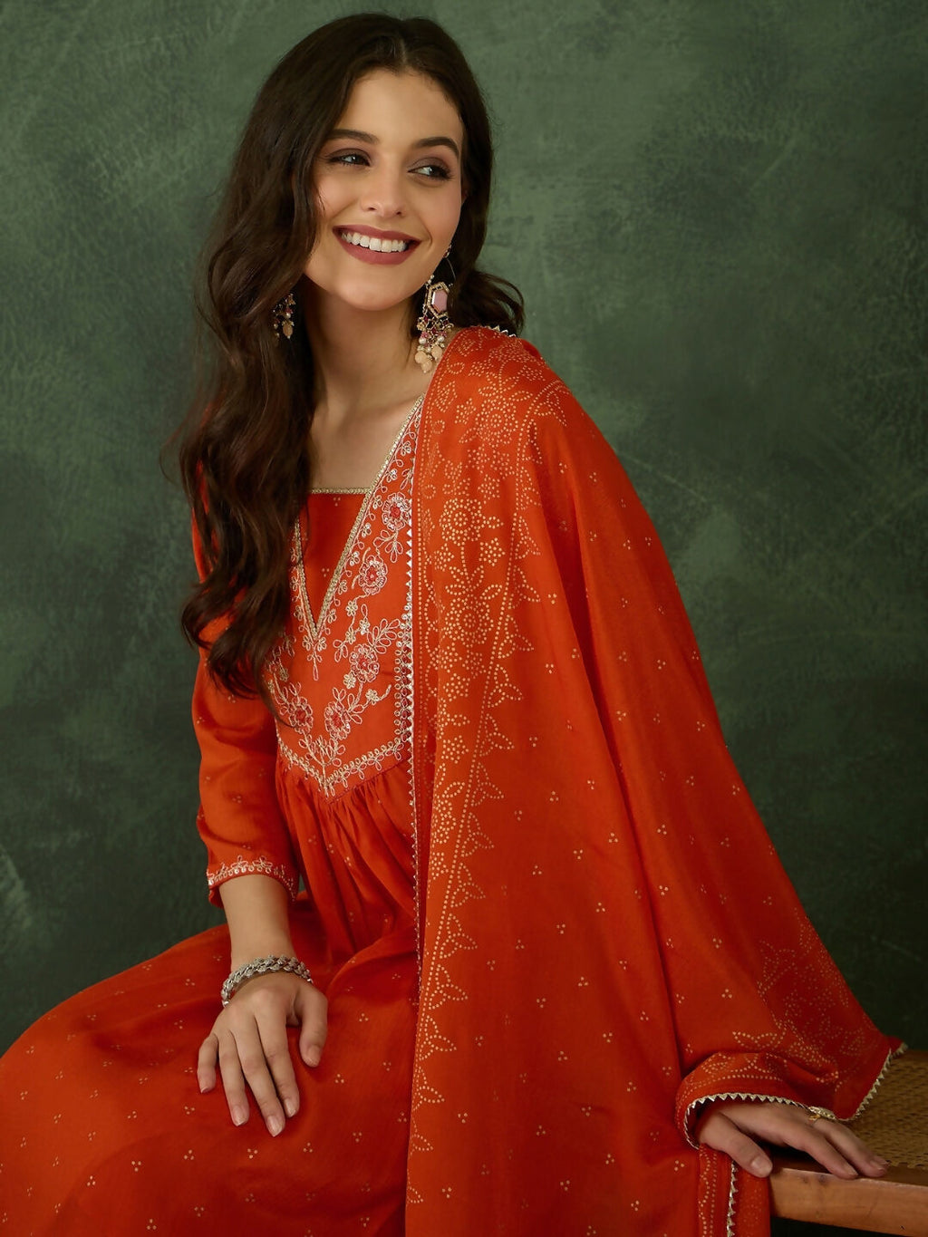 The52 Orange Women's Gorgeous Embroidered Chinon Fabric Flared Kurta Pant and Dupatta Set