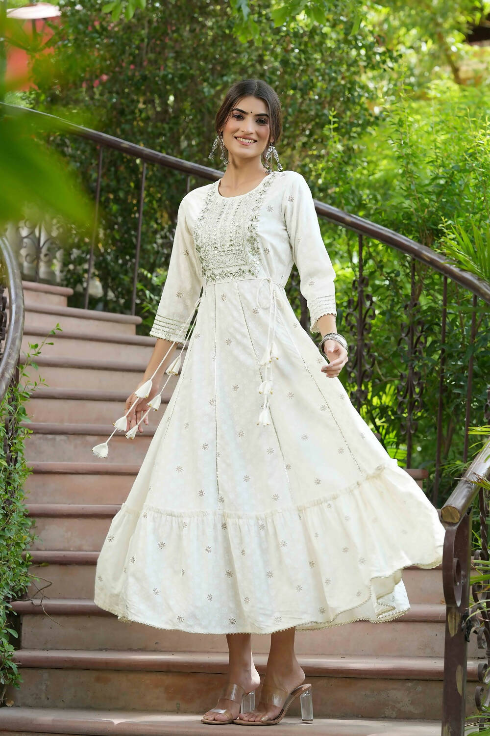 Juniper Off-White Rayon Festive Wear Embroidered A-Line Long Dress