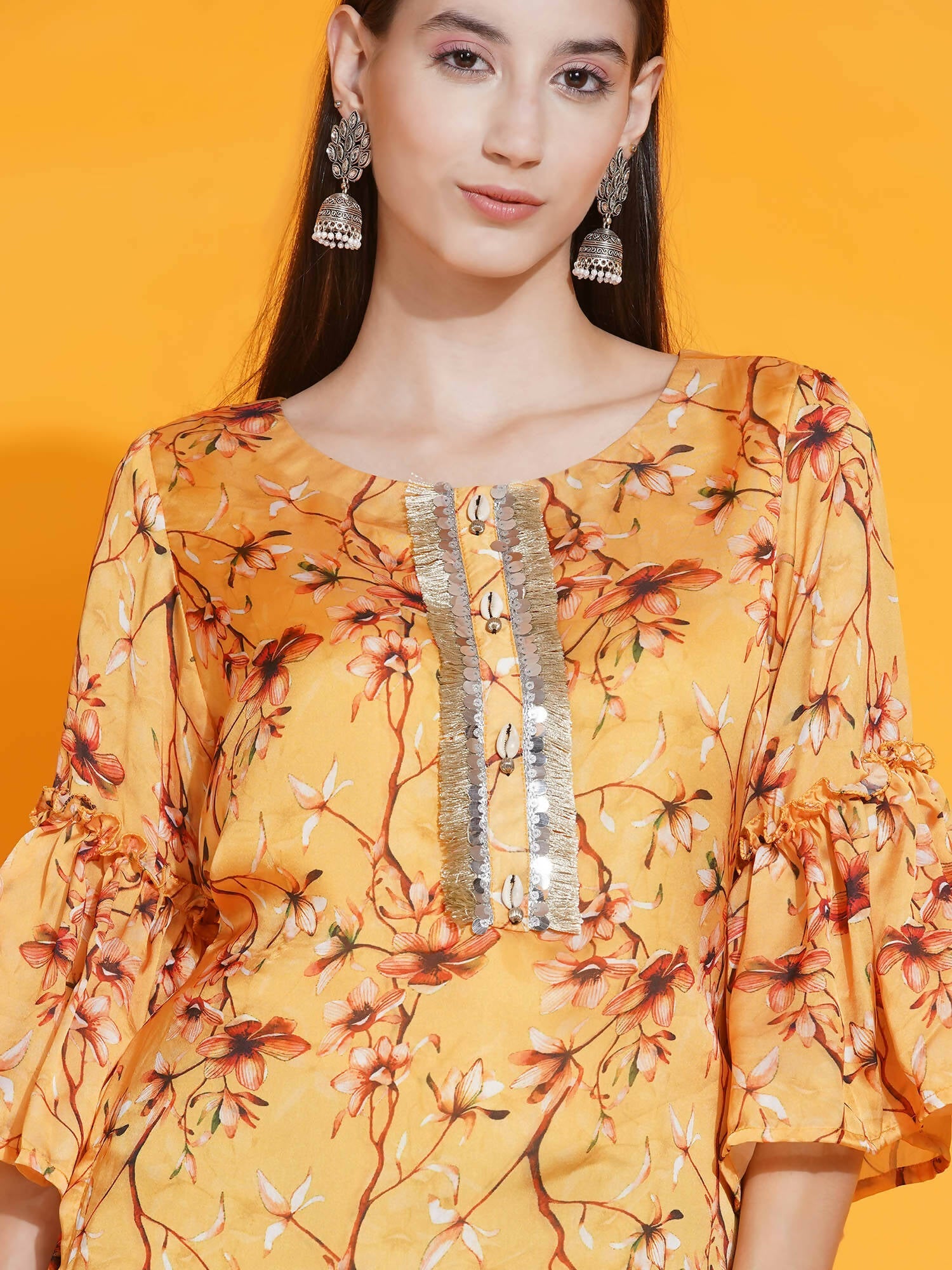 Women Republic Yellow Printed Satin Georgette Shirt With Bell Sleeves And Dhoti