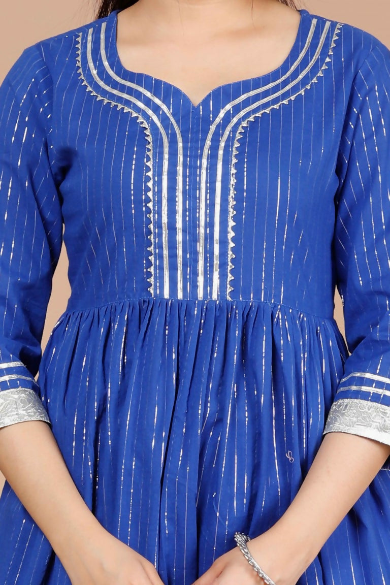 Miravan Women's Blue Printed Pure Cotton A-Line Kurti With Sharara