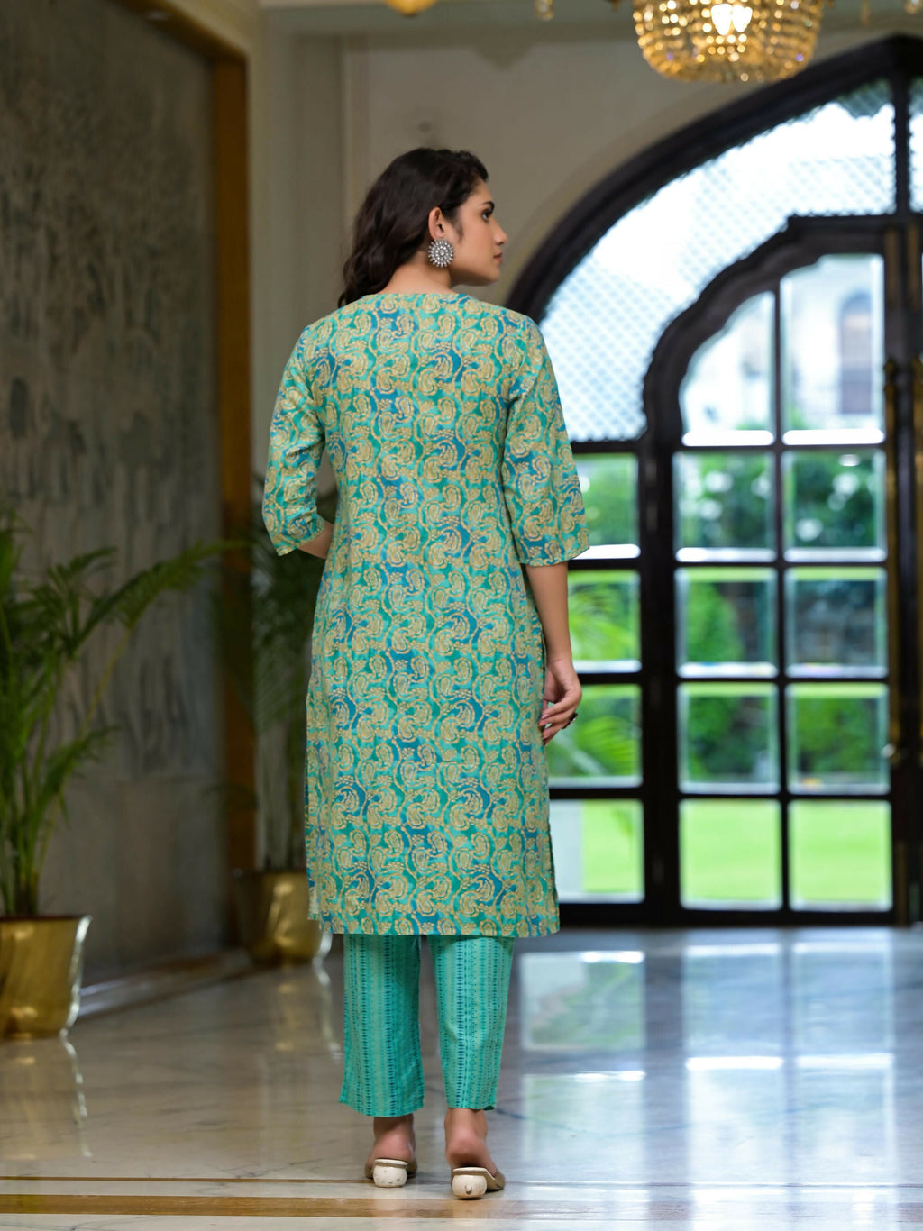 Juniper Women's Green Ethnic Motif Printed Cotton Kurta Pant And Dupatta Set With Mirror Work & Sequins