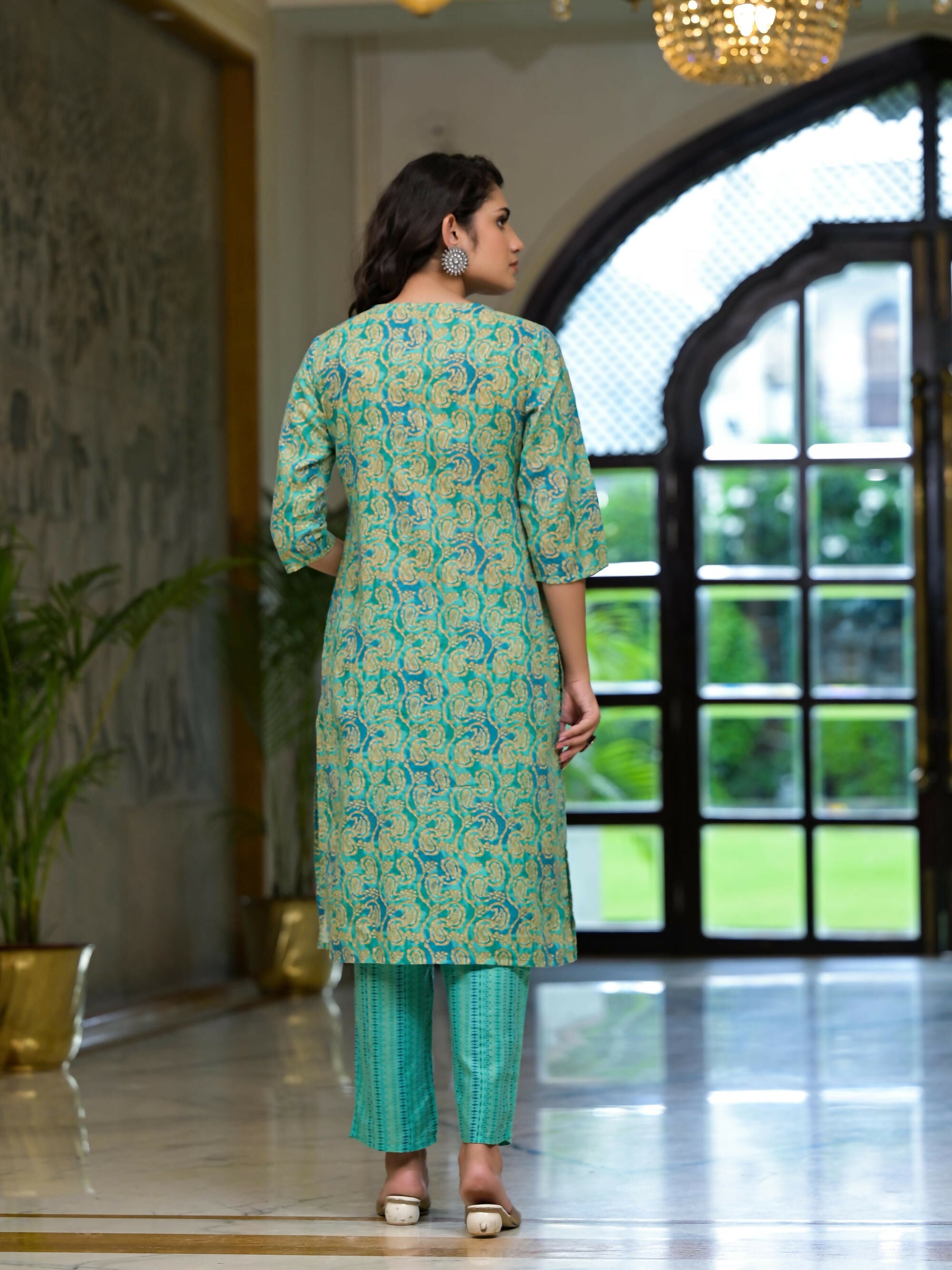 Juniper Women's Green Ethnic Motif Printed Cotton Kurta Pant And Dupatta Set With Mirror Work & Sequins