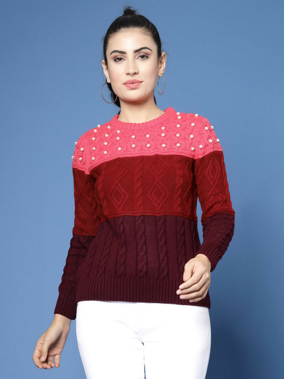 Women Color Block Marron Acrylic Winter Sweater - Wool Trees