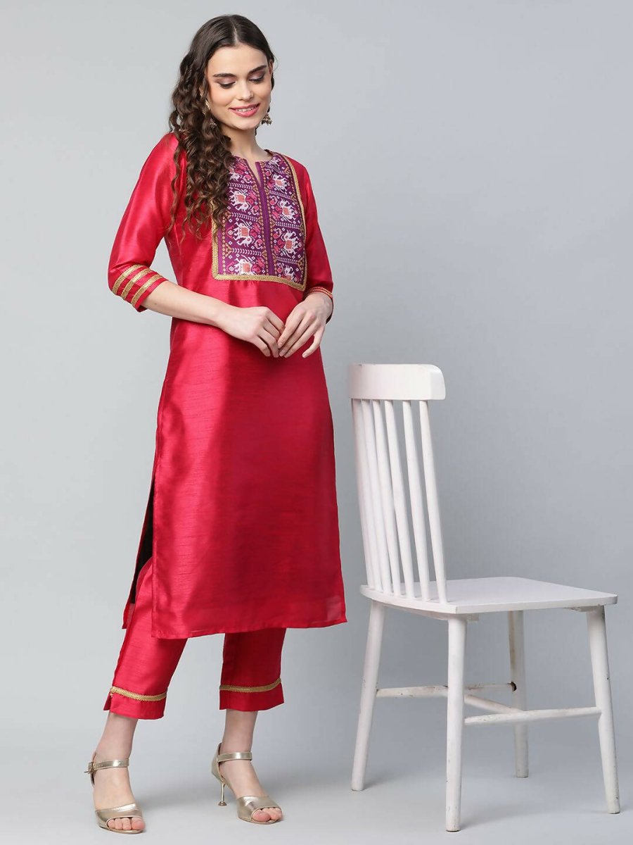 Ahalyaa Womens Red Art Silk Printed Kurta Pant Set