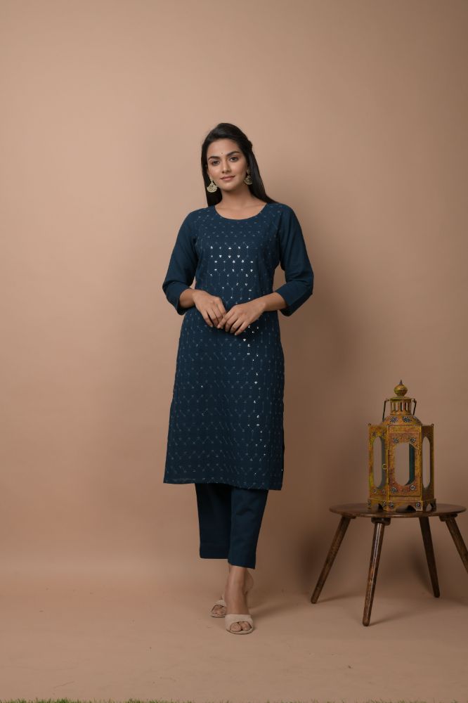 Kaajh Women's Navy Blue Solid Sequins Embellished Kurta Pant Set