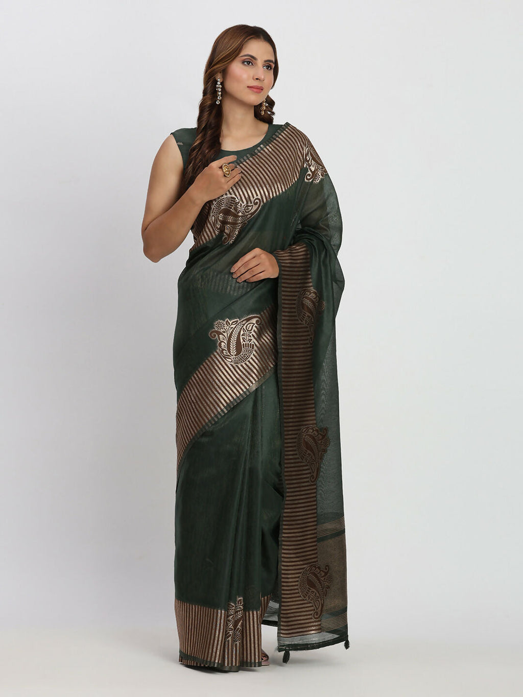 Shree Shyam Fashion Linen Cotton Dark Green Saree