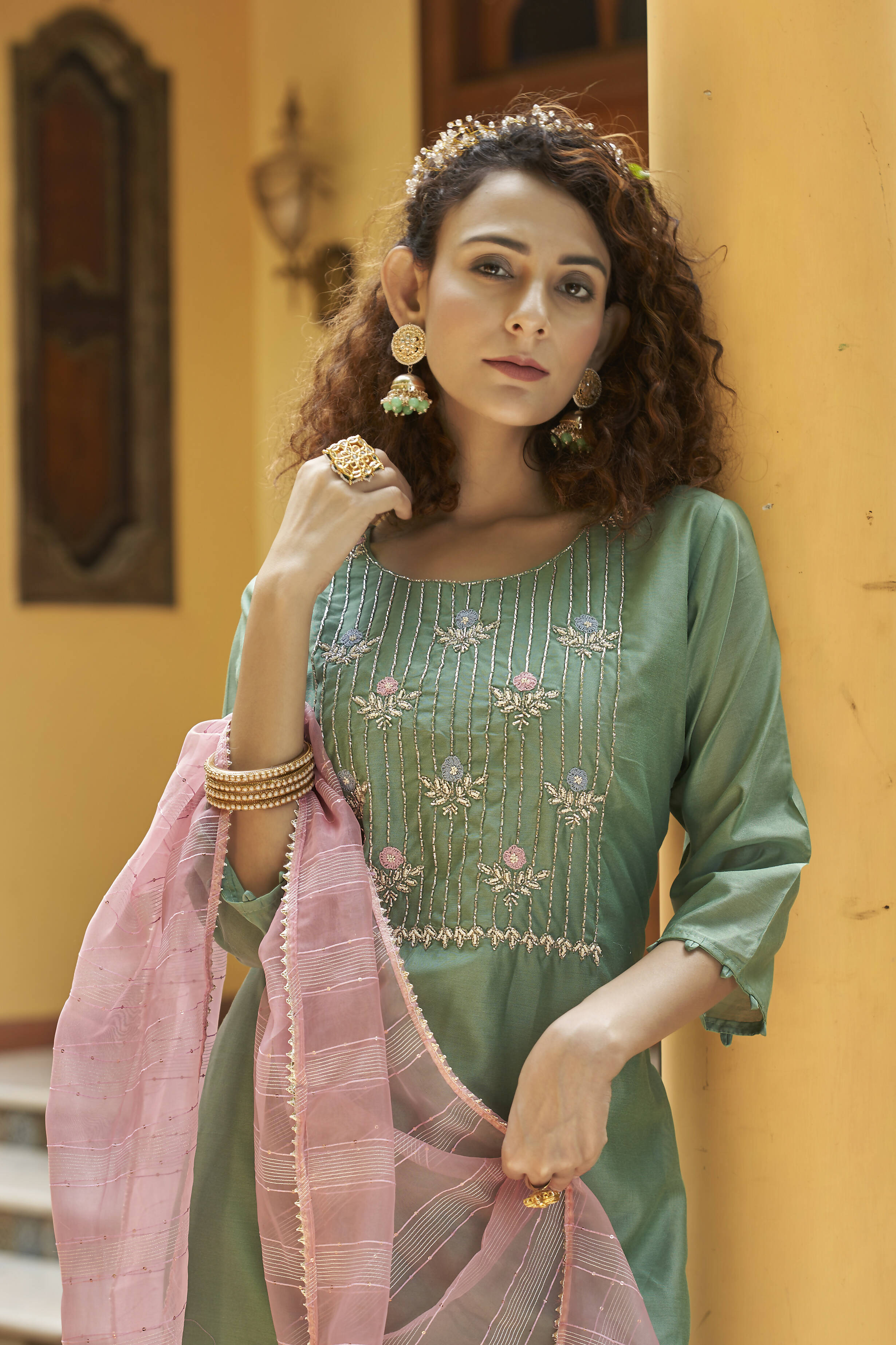 Green Chinon Embroidered Kurta and Bottom with Dupatta - Akashara
