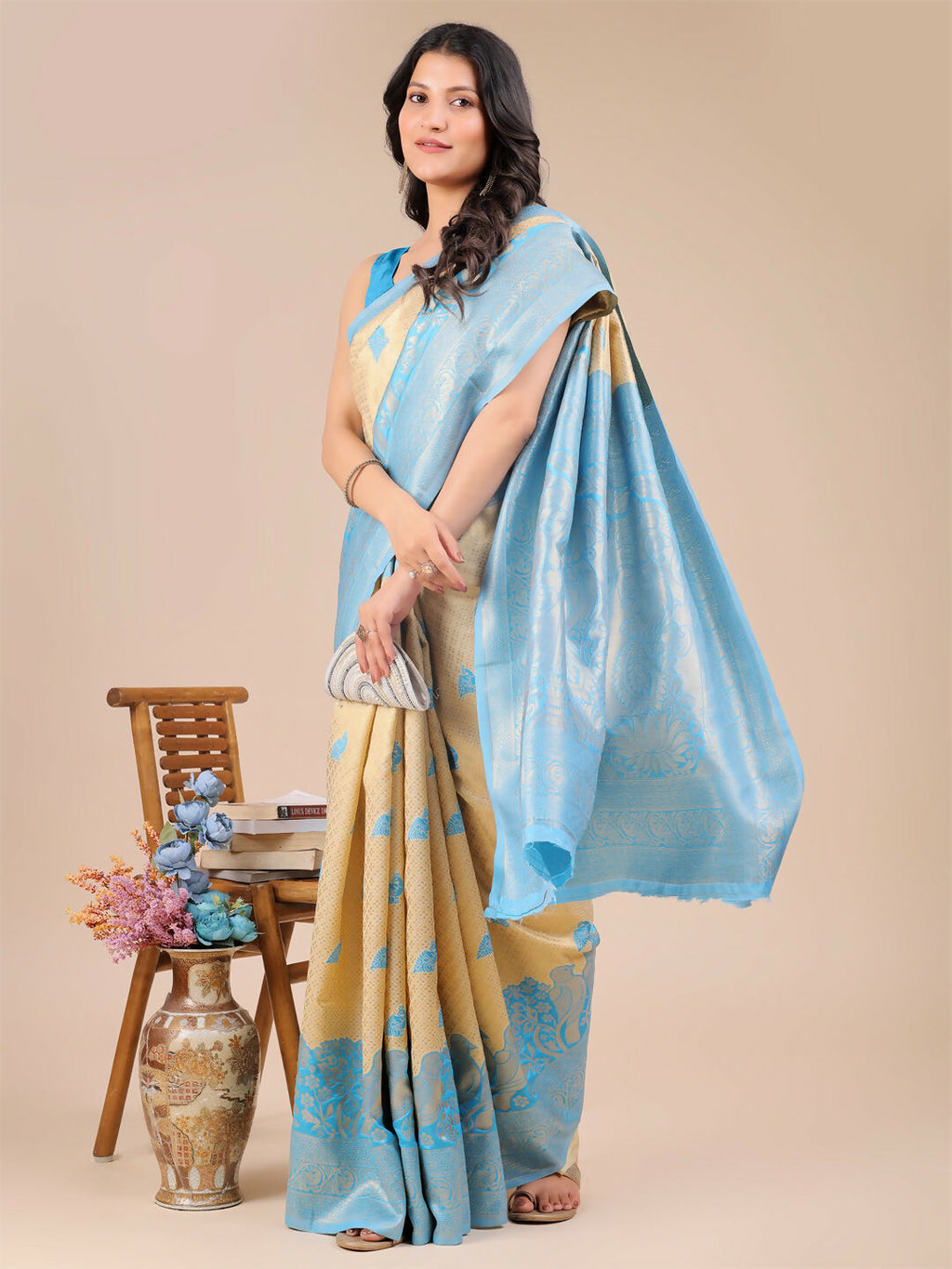 Shree Shyam Fashion Banarasi Silk Cream & Sky Blue Saree