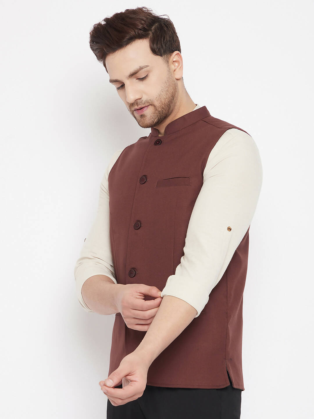 Even Apparels Maroon Merino Men Woven Nehru Jacket