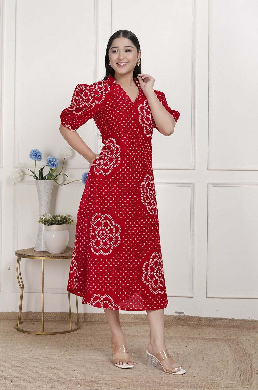 Miravan Womens Red Bandhani Printed Collar Neck Maxi Dress