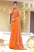 Orange Chiffon Printed Ivory Print and Zari work Saree with Unstitched Blouse Piece - Shanaya