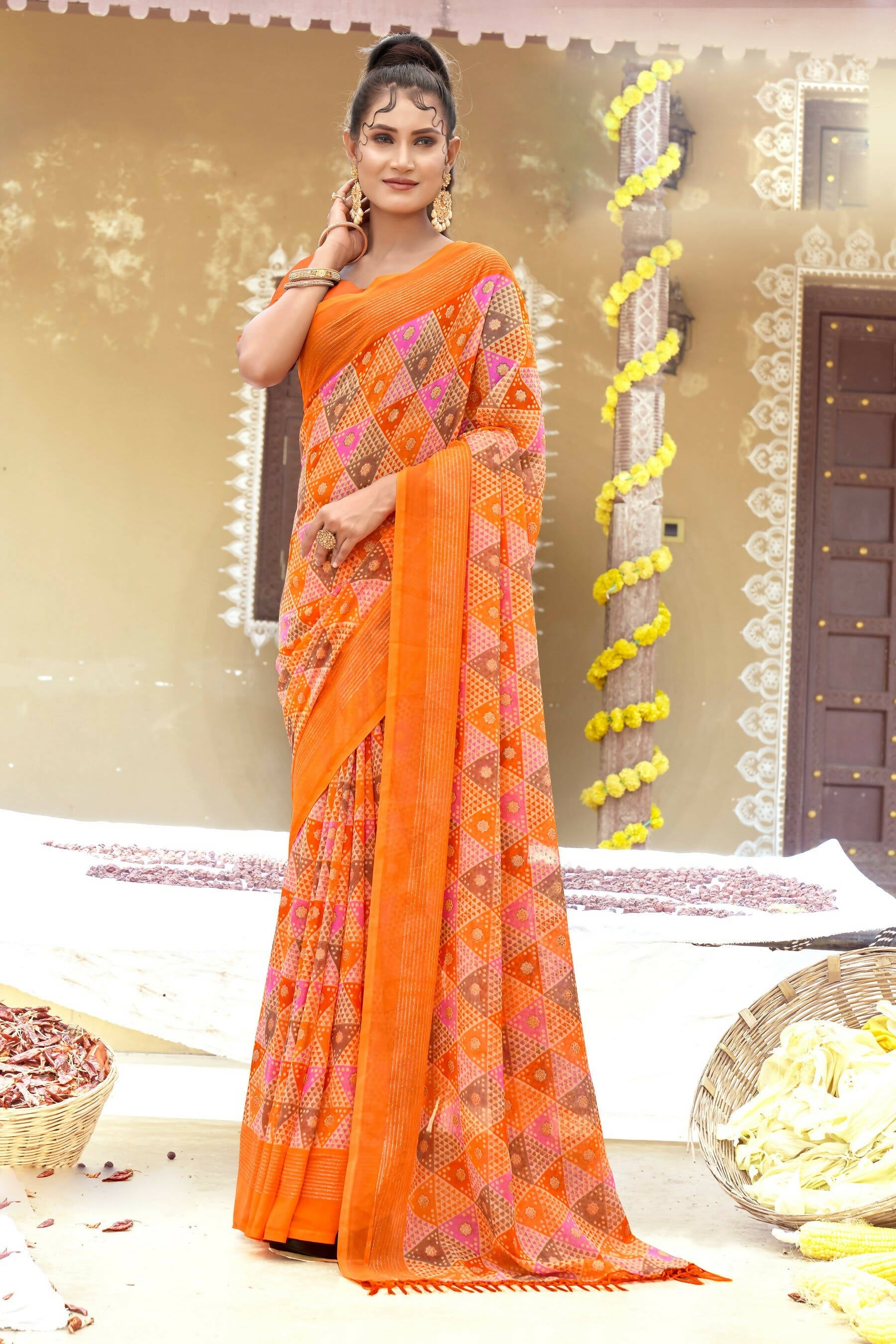 Orange Chiffon Printed Ivory Print and Zari work Saree with Unstitched Blouse Piece - Shanaya