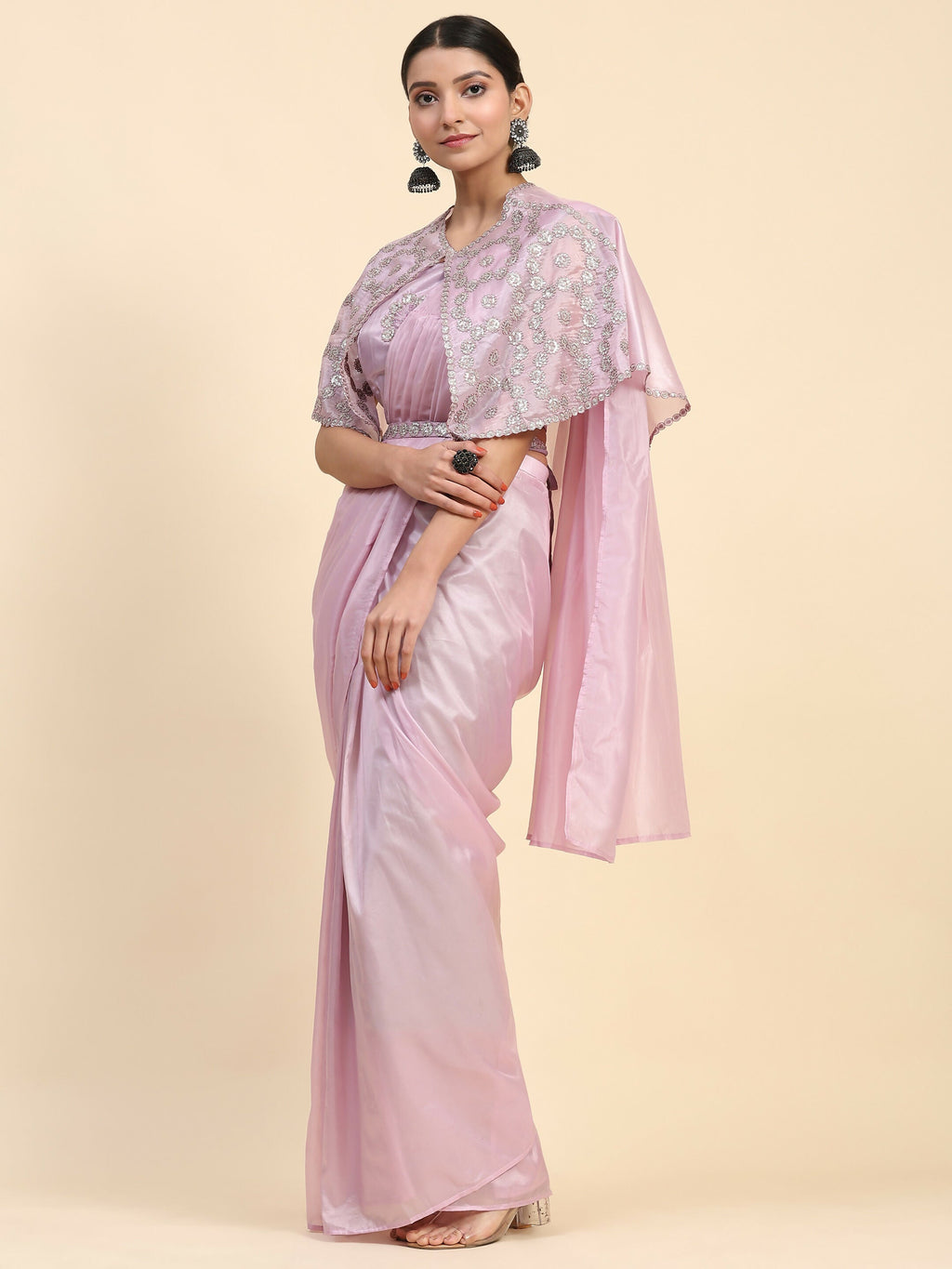 Light Lavendar Satin Solid Ready to wear Saree with stitched Blouse - Vanita