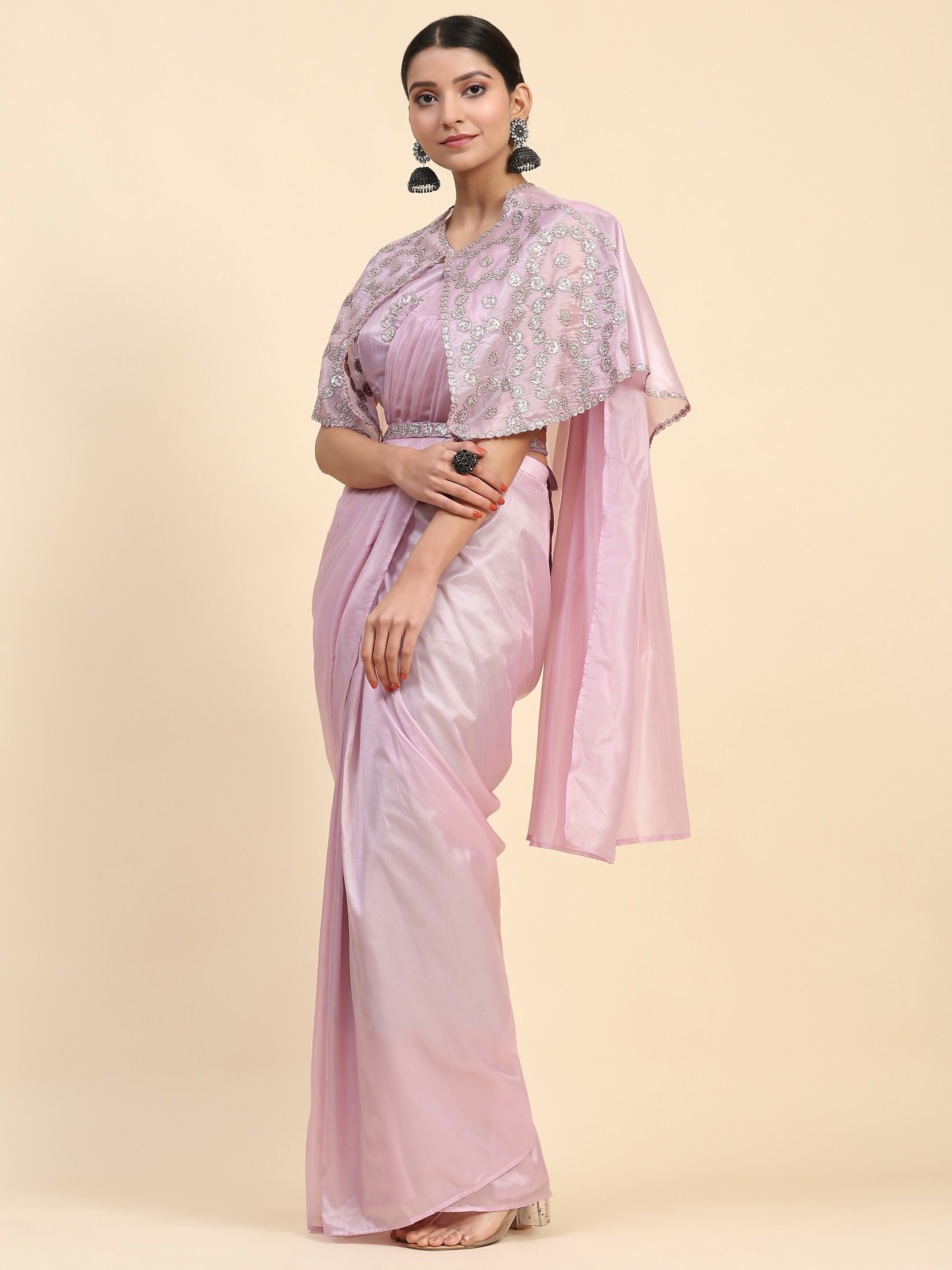 Light Lavendar Satin Solid Ready to wear Saree with stitched Blouse - Vanita