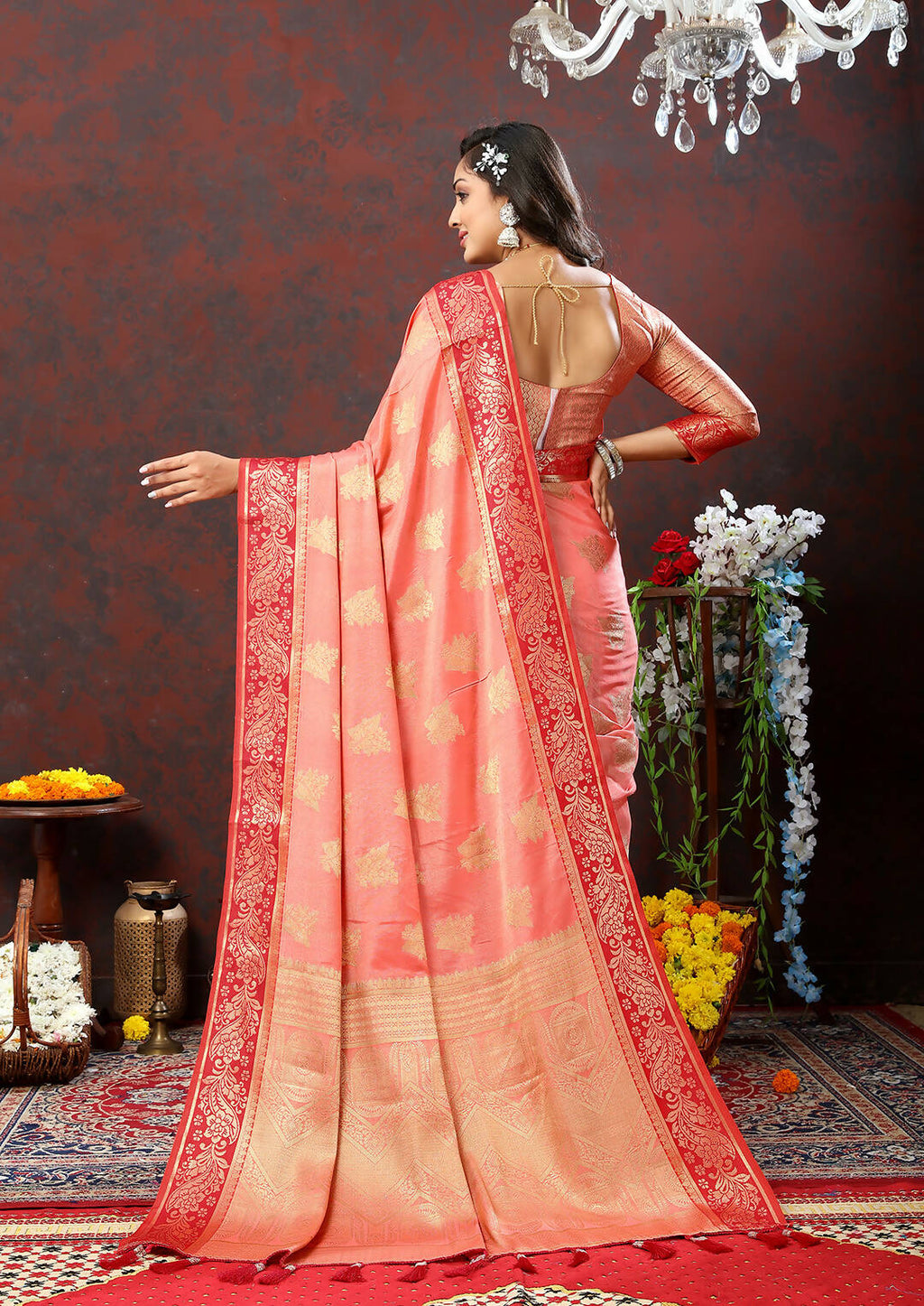 Lorenvalley Fashion Peach Cotton Woven Design with Zari Weaving Design Saree