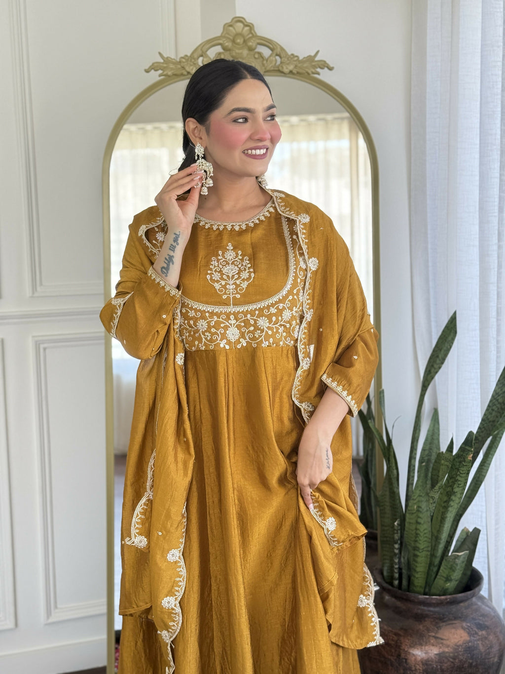 The52 Mustard Women's Gorgeous Embroidered Vichitra Silk Fabric Flared Kurta Pant with Dupatta Set