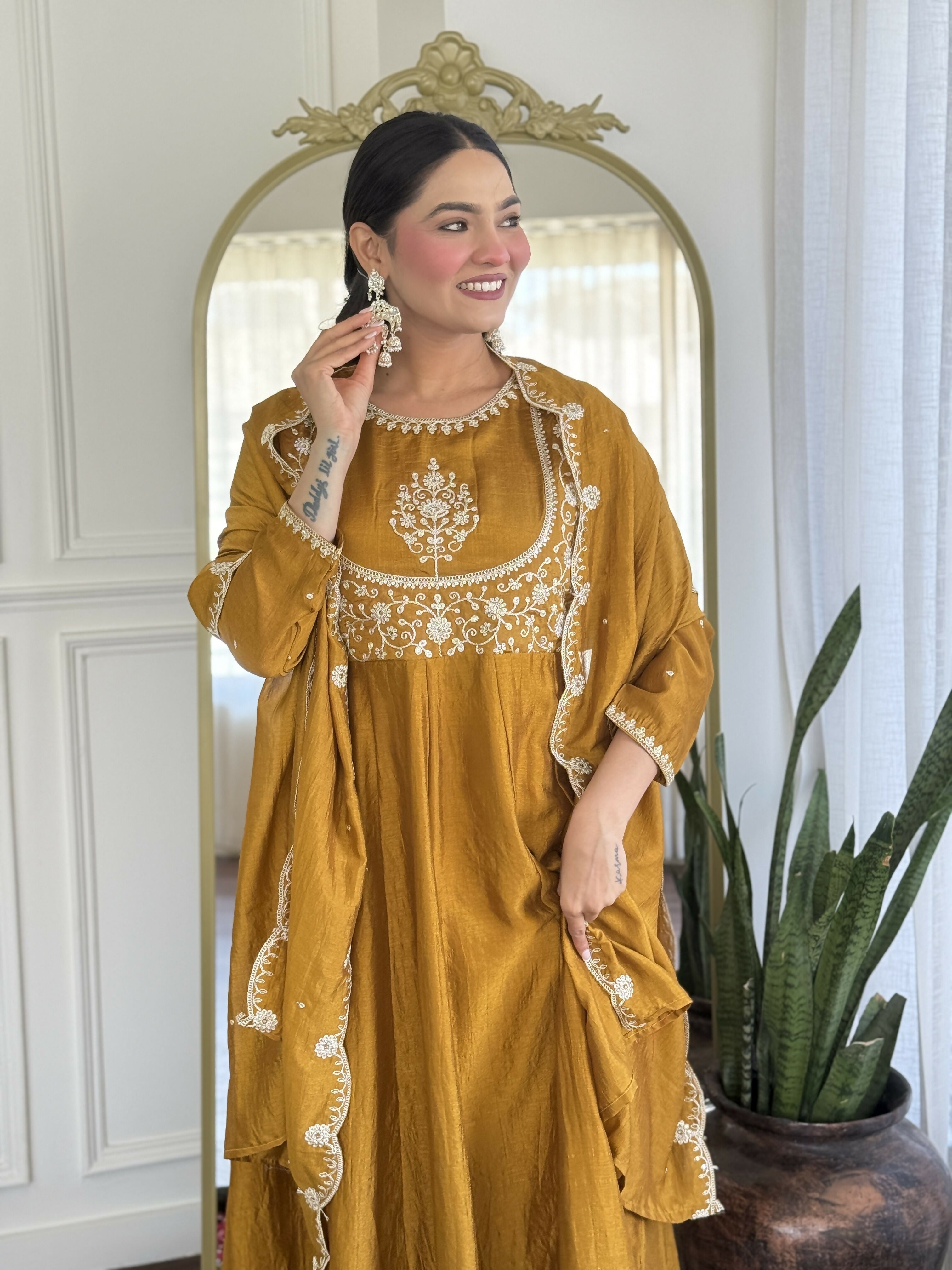 The52 Mustard Women's Gorgeous Embroidered Vichitra Silk Fabric Flared Kurta Pant with Dupatta Set