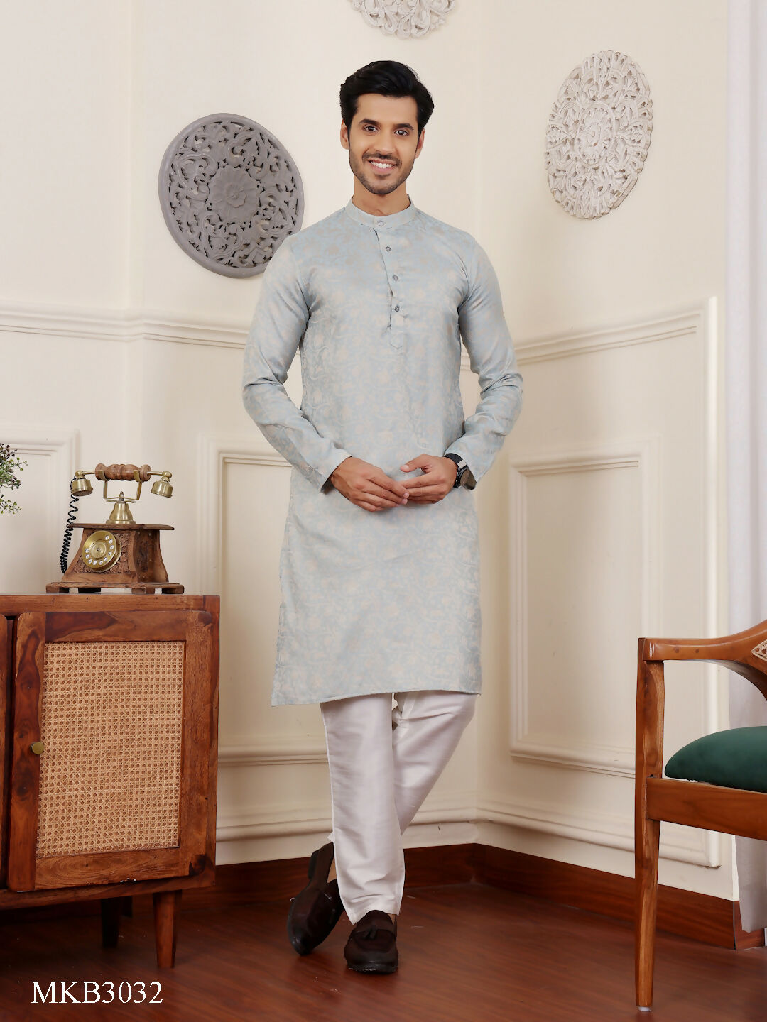 Light Blue Viscose Wevon Designer Men's Rajwadi Kurta Set - Mahotsav