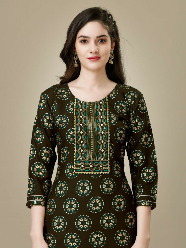 Jyoti Fashion Women's Dark Coffee Rayon Embroidered Kurta Pant Set