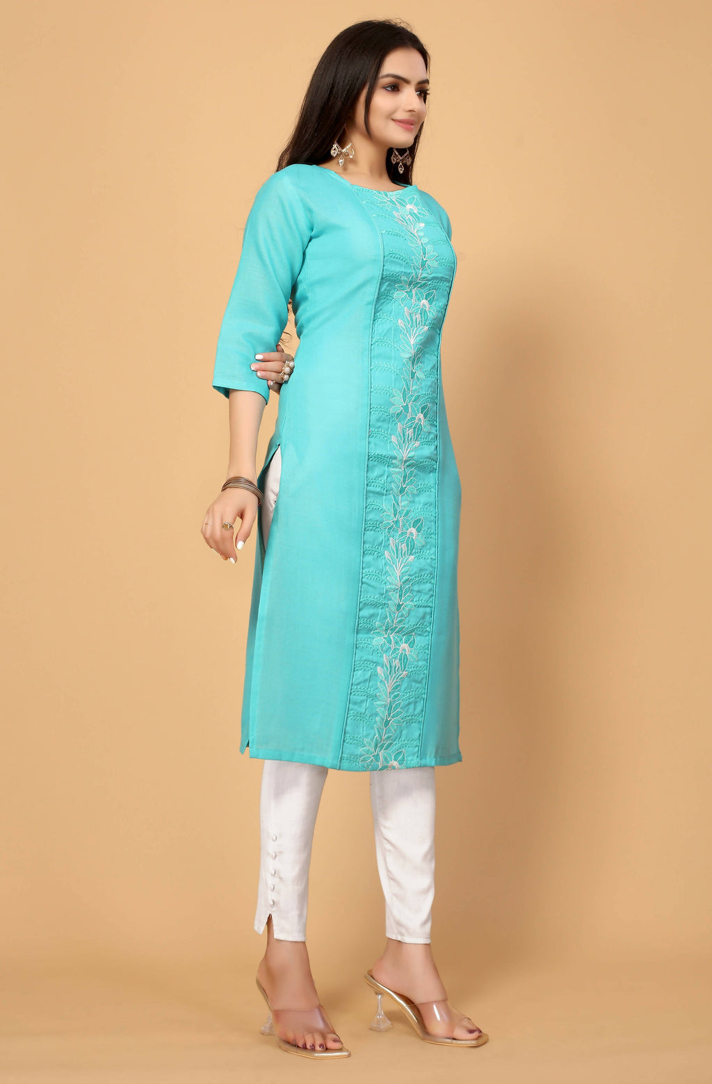 Light Green Cottan Slub Embroidery Kurti - Umi