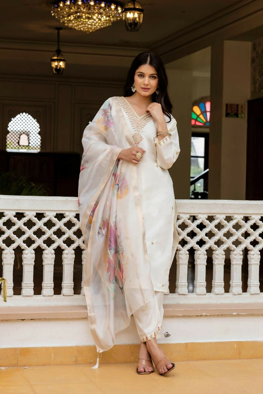 The52 White Women's Beautiful Viscose Chanderi Fabric Embroidered Work Straight Kurta Pant and Dupatta Set