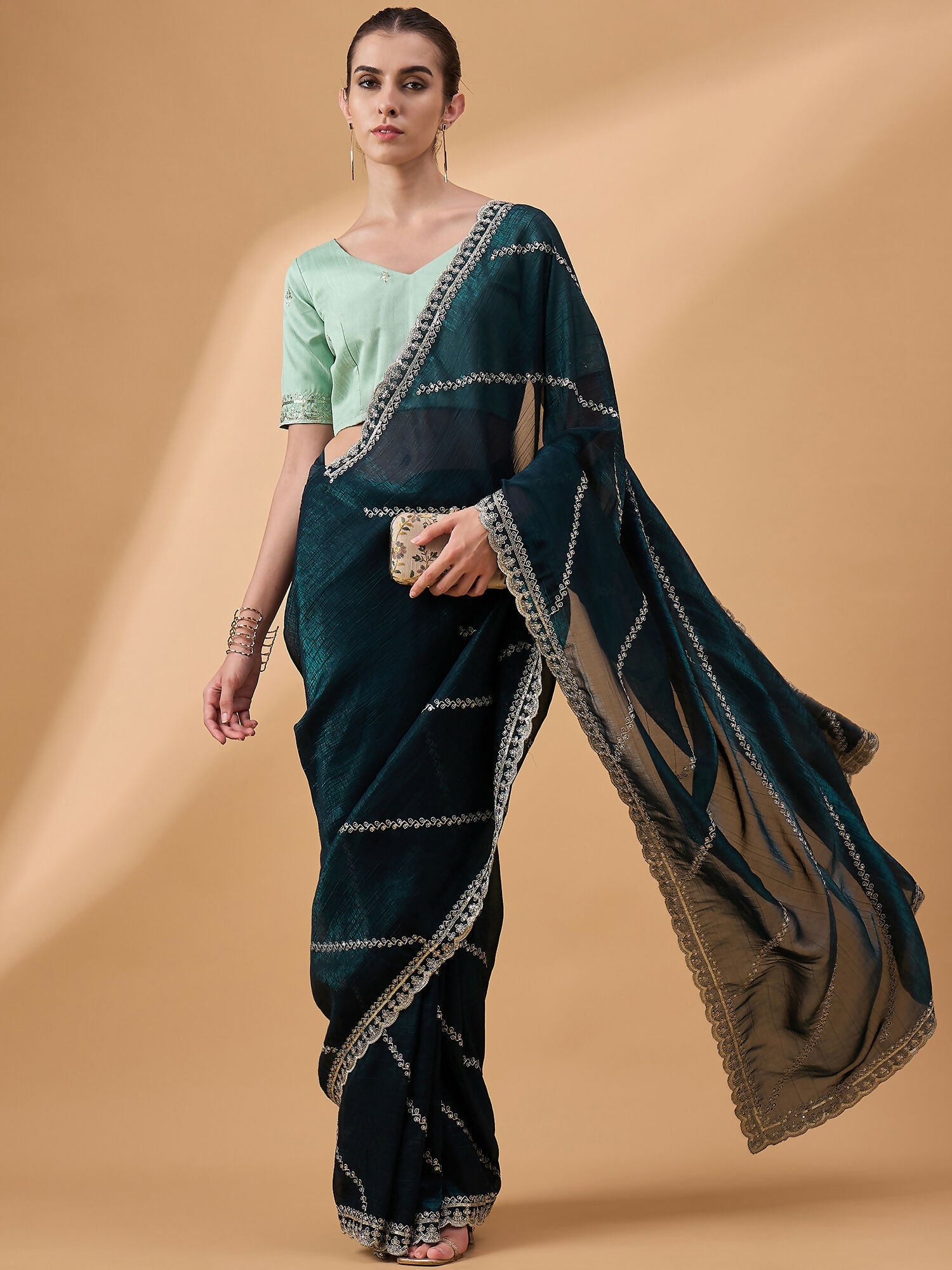 Blue Muslin Embroidered Saree with Unstitched Blouse Piece - Satya