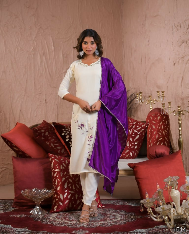 Festive Ethnic Viscose Rayon White Stitched Suit With Dupatta - Rashmika