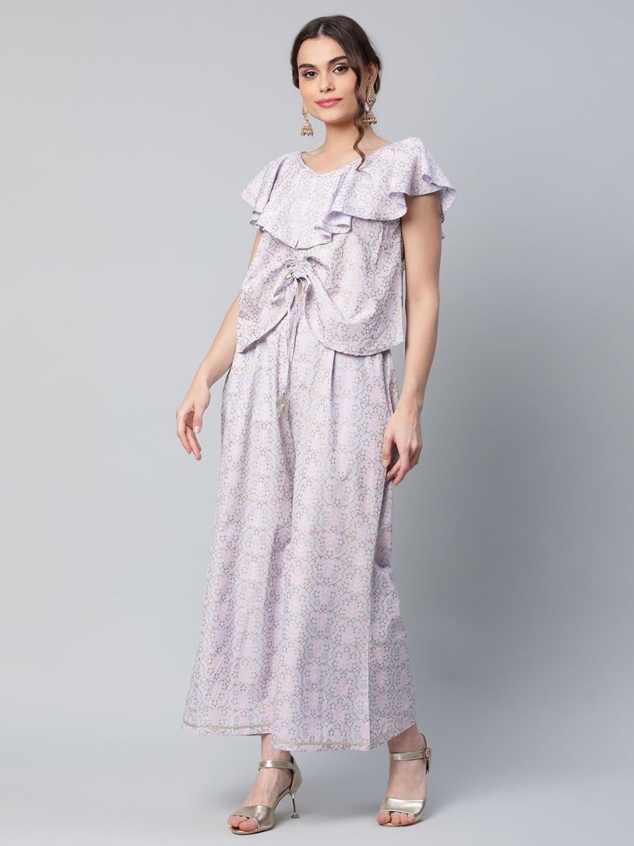Ahalyaa Women Powder Blue Crepe Khari Printed Top with Palazzo Set