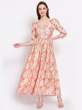 Myshka Women's Multi Printed Cotton Blend 3/4 Sleeve Squre Casual Dress