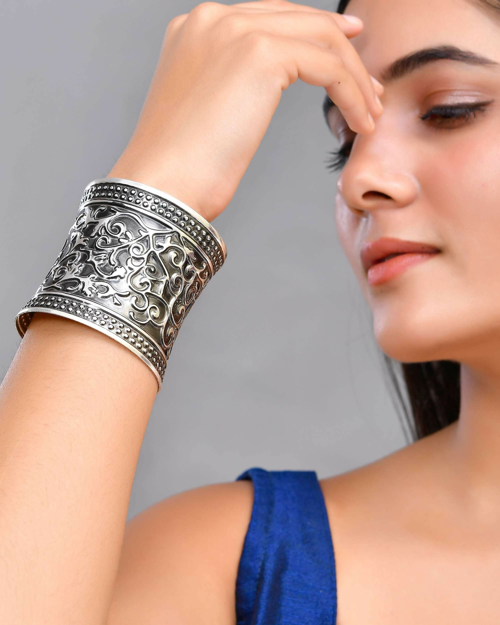 VOJ Silver Plated Oxidised Cuff Bracelet