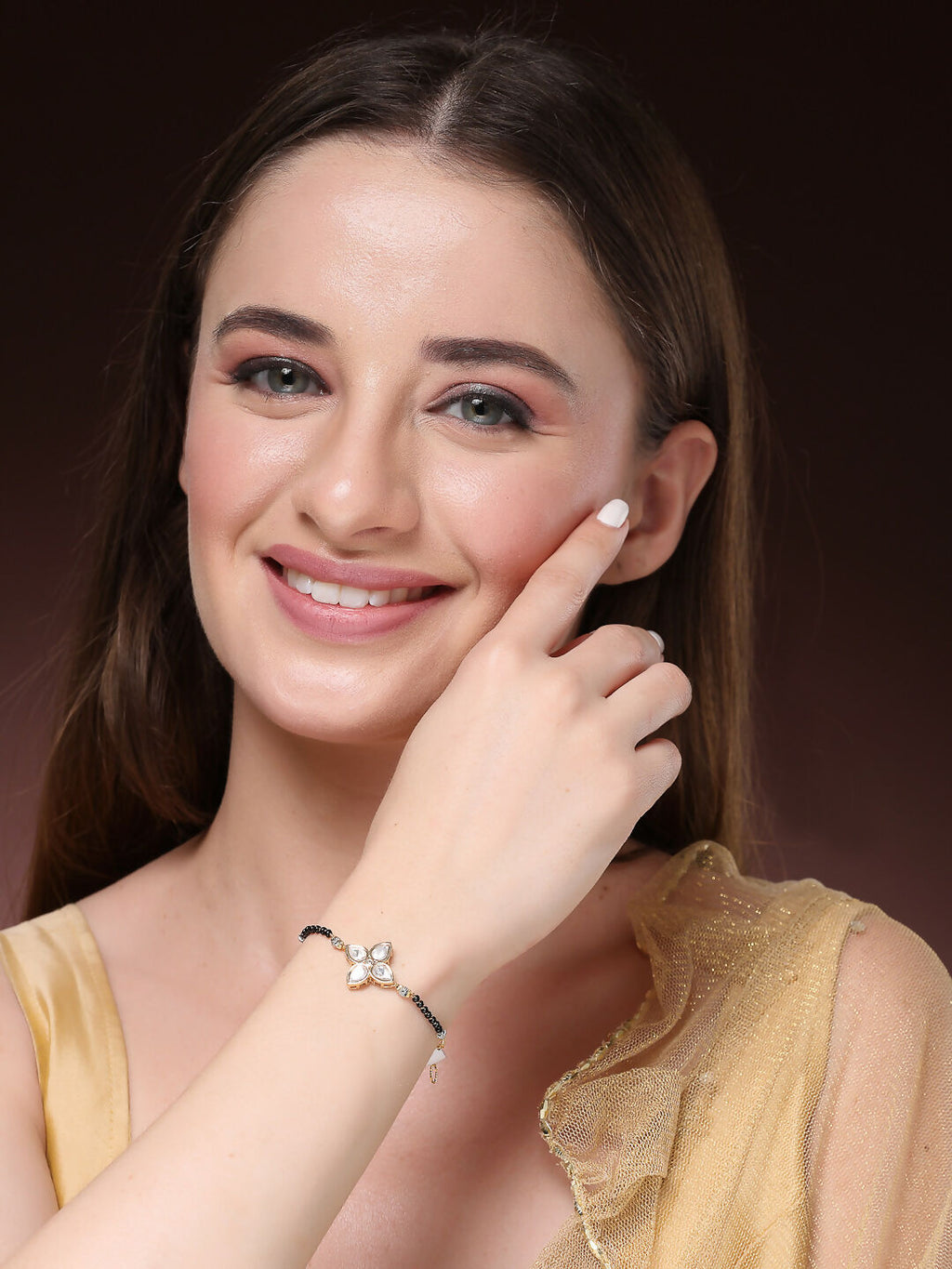 NVR Women Gold-Polished & Black Brass Stone-Studded Hand Mangalsutra Link Bracelet