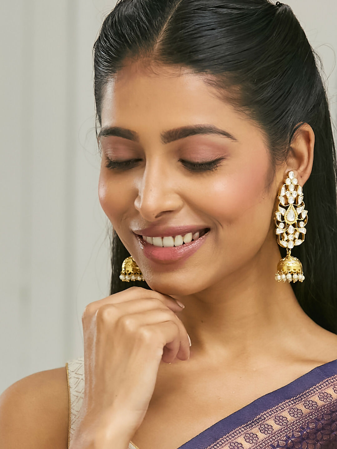 Nuyug 22K Gold-Plated Regal Kundan Stone Studded & Pearl Drop Jhumkas