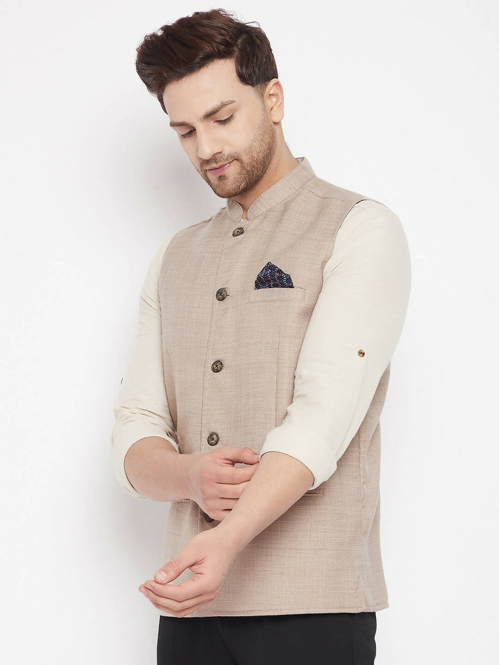 Even Apparels Cream Linen Men's Nehru Jacket-Contrast Lining-Inbuilt Pocket Square
