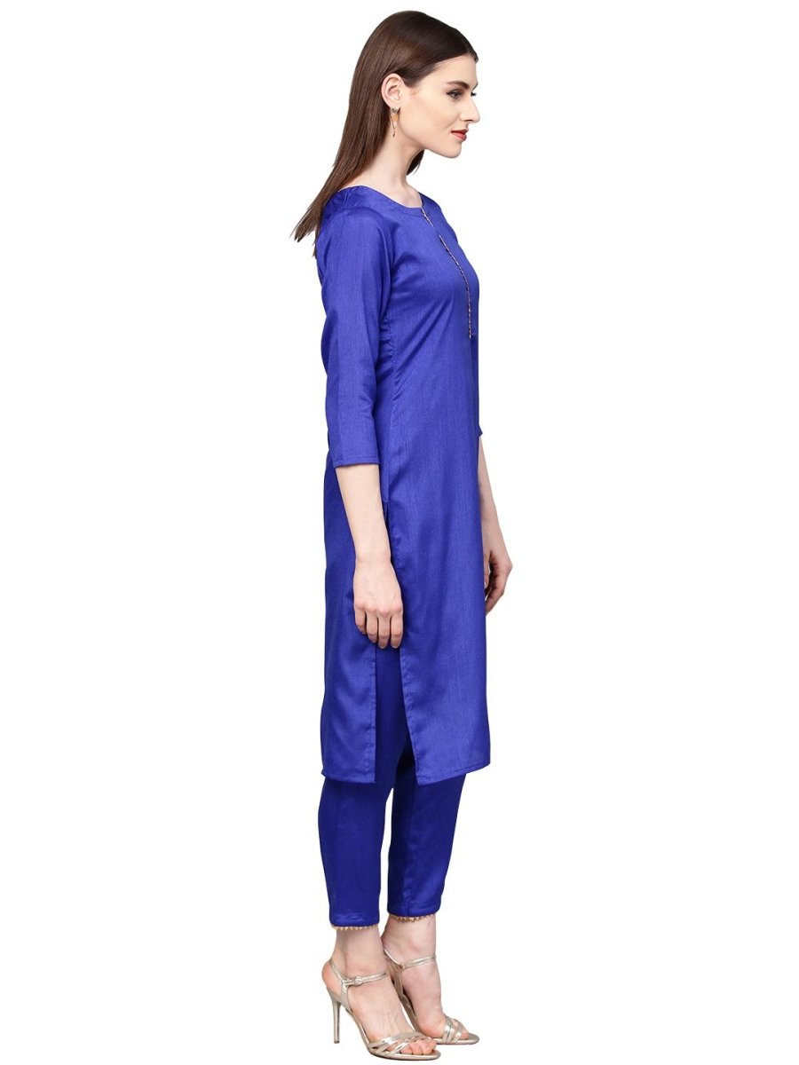 Ahalyaa Women's Royal Blue Poly Silk Solid Salwar Suit with Dupatta
