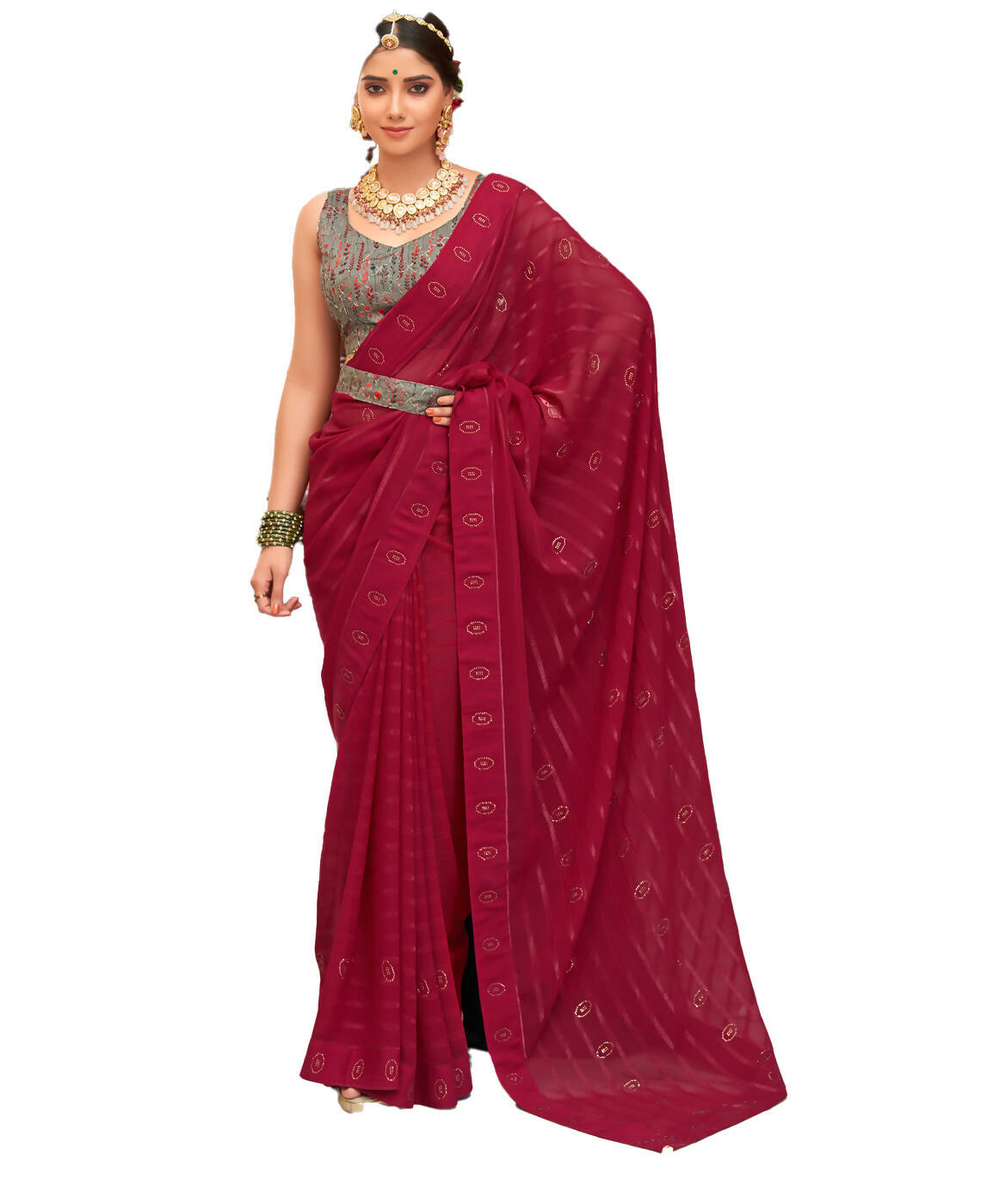 Maroon Georgette Swaroski Work Saree With Unstitched Blouse Piece - Juhi