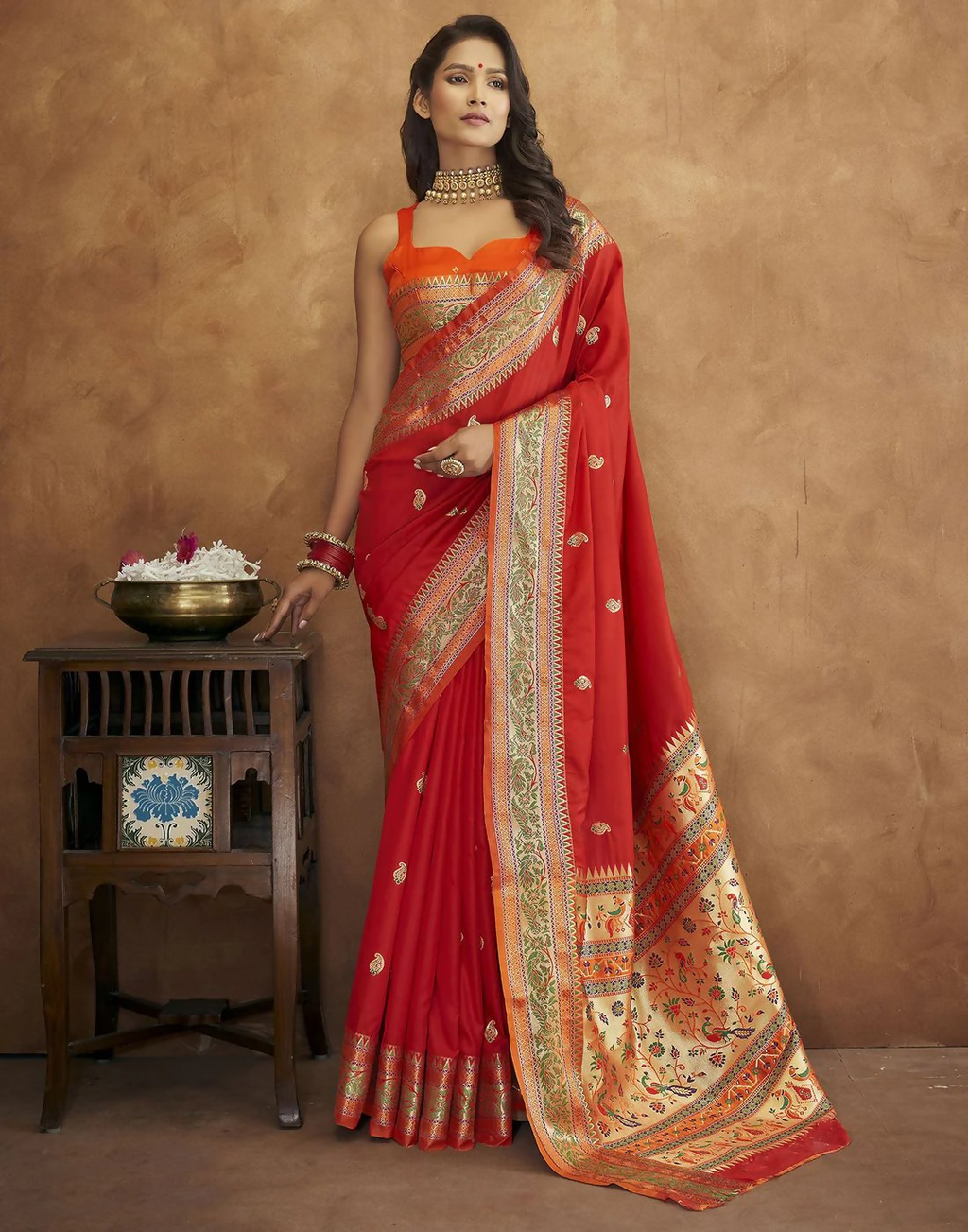 Vastranavya Red Soft Paithani Silk Saree With Gold Zari Weaving Motifs With Matching Blouse Fabric