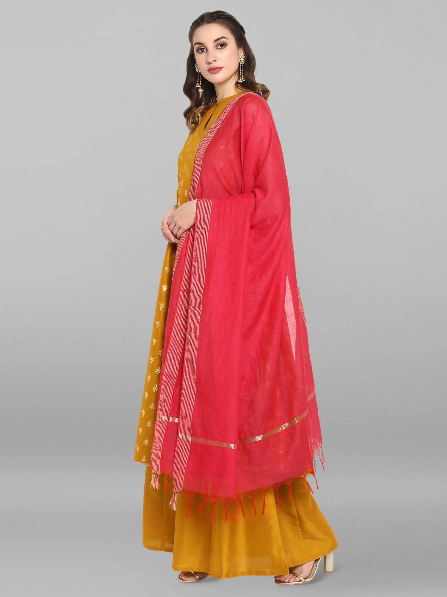 Janasya Women's Mustard Rayon Foil Print Kurti With Palazzo