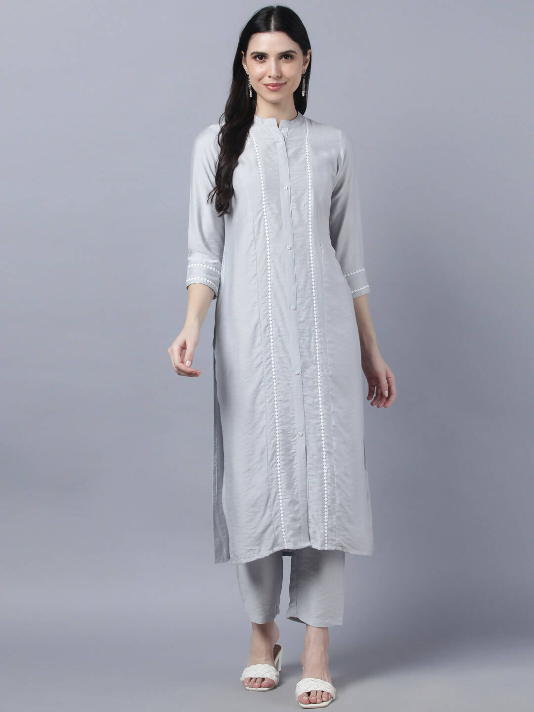 Myshka Stylish Grey Viscose 3/4 Sleeve Women's Kurta Pant Set