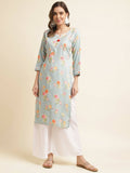 Blue Poly Rayon Floral Printed Straight Kurta - Prasuti