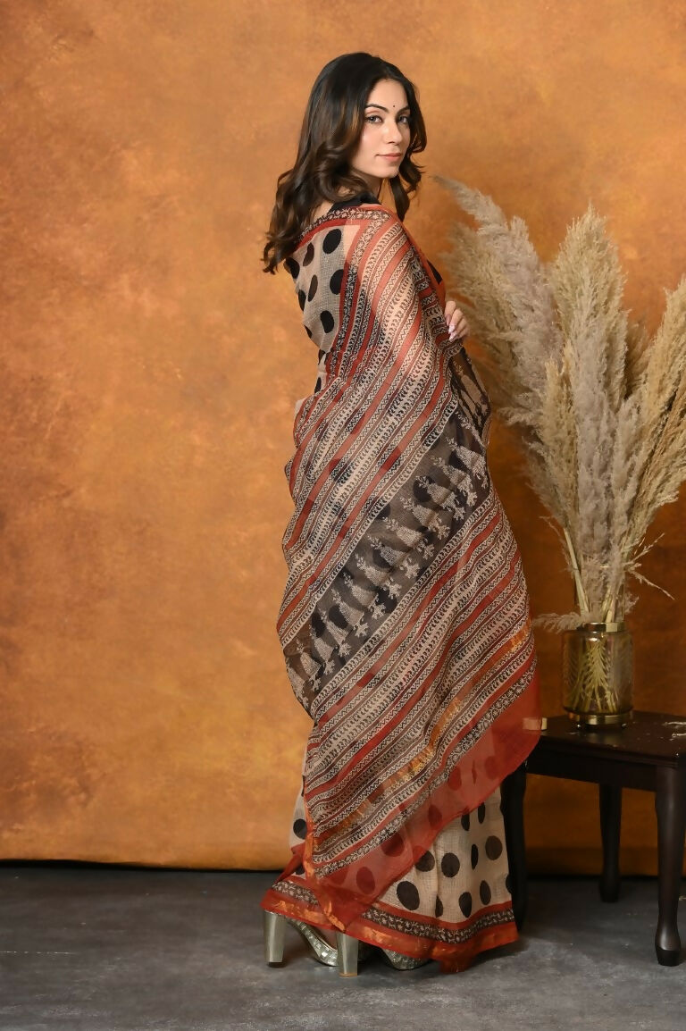 Very Much Indian Handblock Printed Cotton Saree With Natural Dyes - White