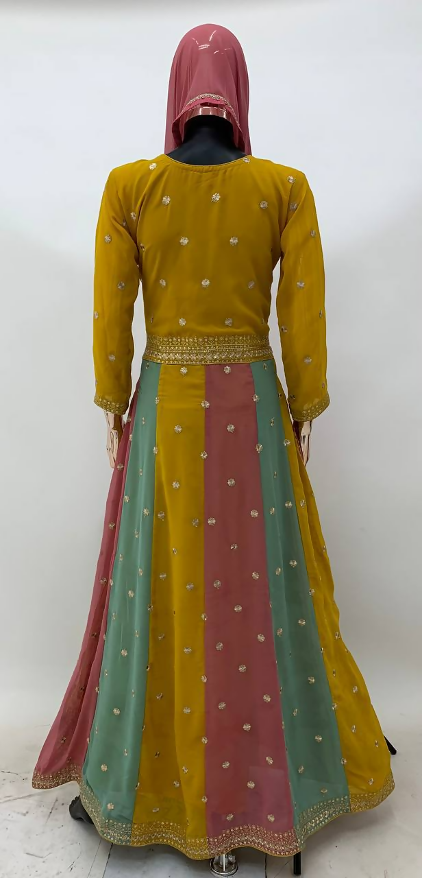 Lorenvalley Fashion Yellow Faux Georgette Embroidery with Sequince Work Gown Stitched